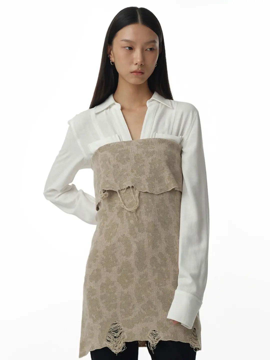 밀로 우먼 Two Way Jacquard Knit Top [Beige] 상품 이미지 1