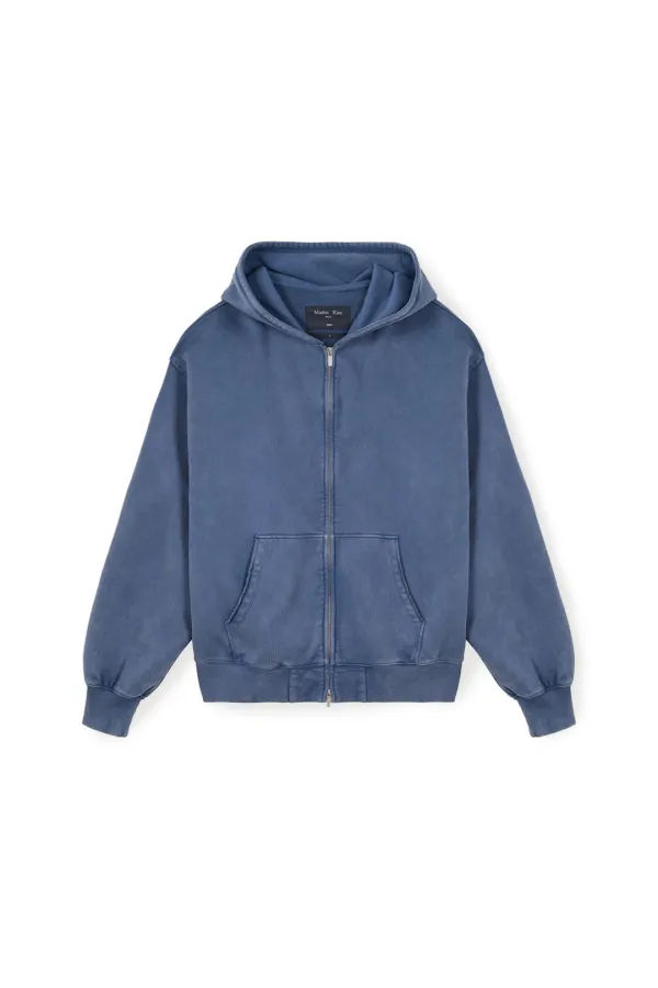 BACK LOGO WASHED HOODY ZIP UP FOR MEN IN BLUE