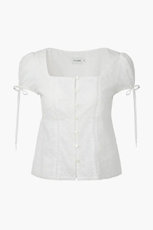 Lace Embroiered Puff Sleeves Blouse, Ivory