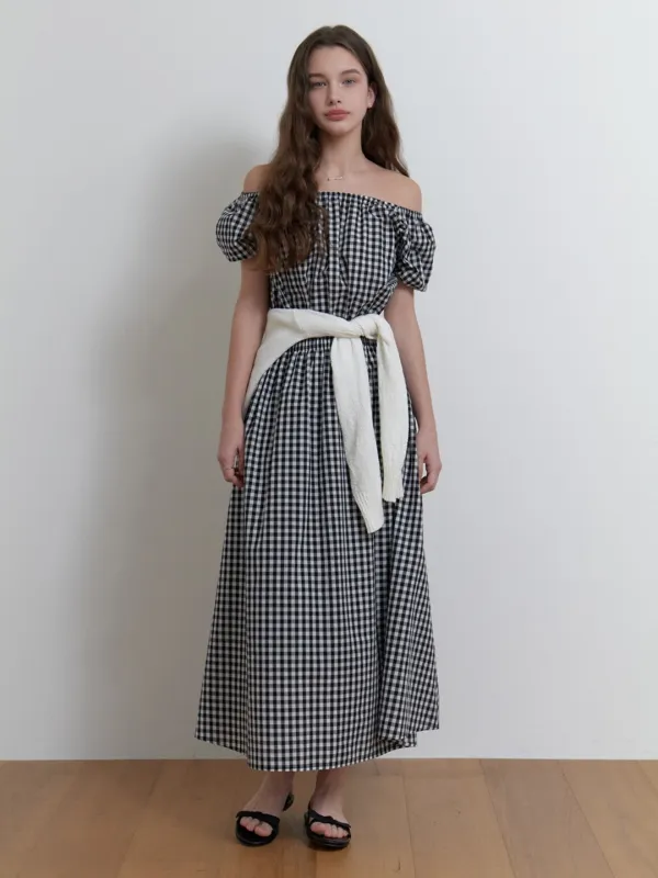 Pluie shirring dress (black check)