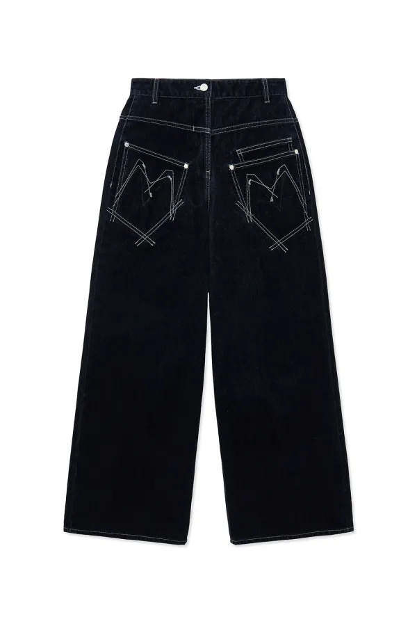 REVERSE VELVET WIDE DENIM PANTS IN NAVY