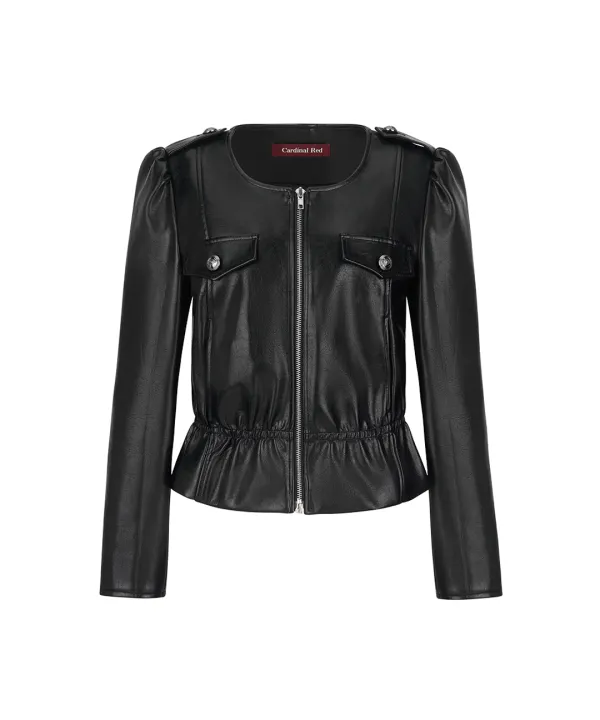 Shirring leather jacket black