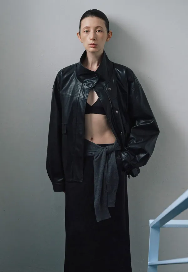 OUT POCKET HIGH NECK LEATHER BLOUSON_BLACK