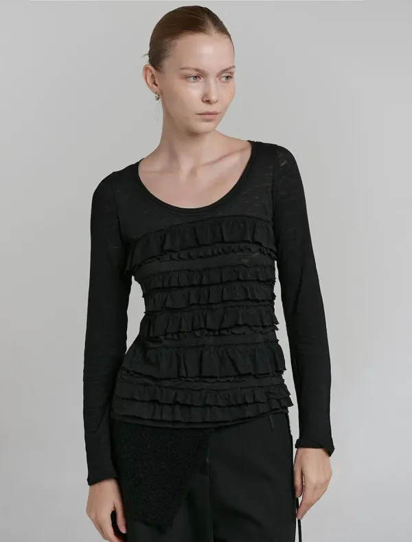 FRILL U NECK T-SHIRT [BLACK]