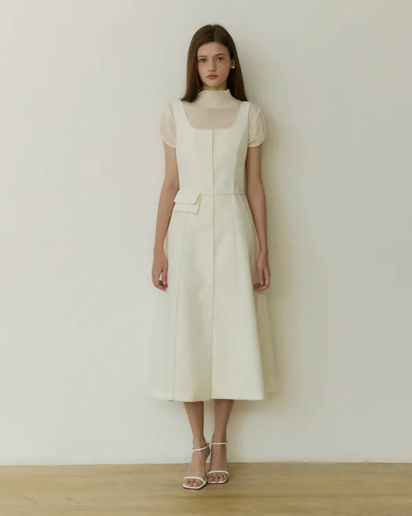 Solid tweed line belt back set long dress - ivory