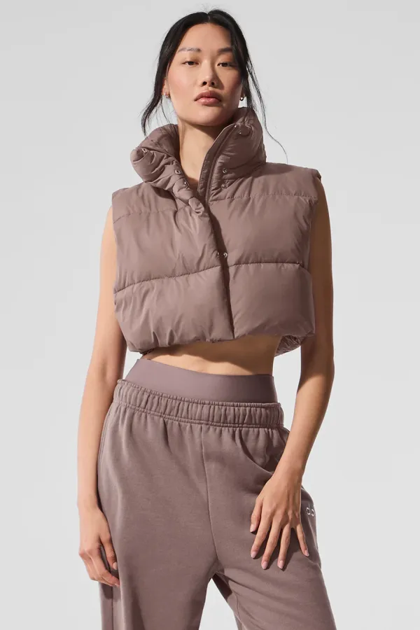 Cropped Gold Rush Puffer Vest - Mushroom