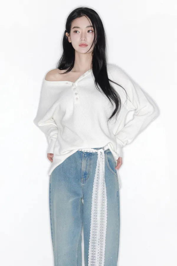 CASHMERE BUTTON BOXY WAFFLE KNIT_TT6S301IV