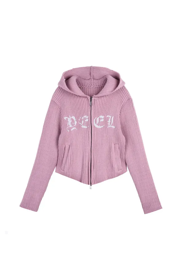 RIBBED KNIT ZIP-UP HOODIE PINK