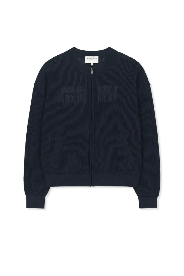 BACK LOGO JACQUARD MESH KNIT ZIP UP IN NAVY
