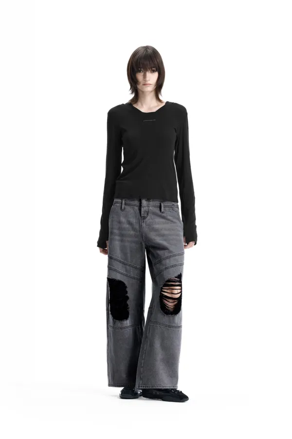 Double Belt Loop Distressed Balloon Denim [ Gray ]