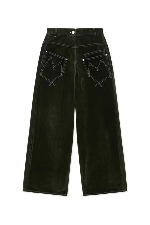 REVERSE VELVET WIDE DENIM PANTS IN KHAKI
