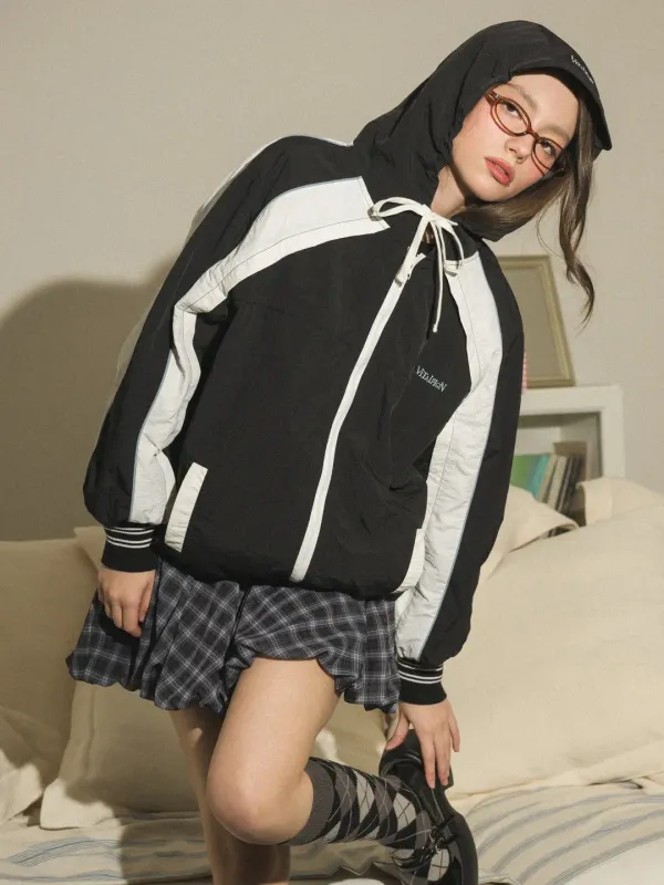 [LINE] 후드 배색 믹스 윈드브레이커 (Black)