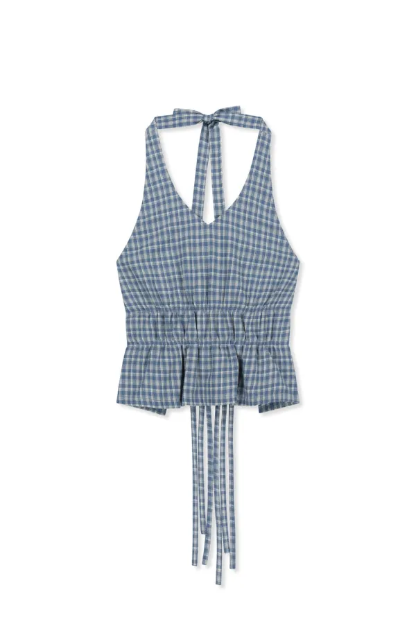 HALTER NECK SHIRRING BLOUSE IN BLUE