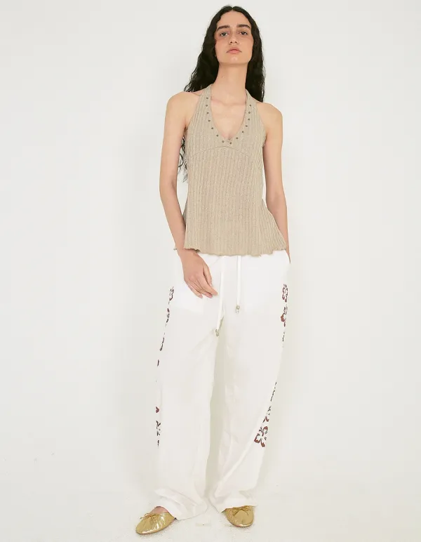 STUDDED CABLE HALTER TOP, BEIGE