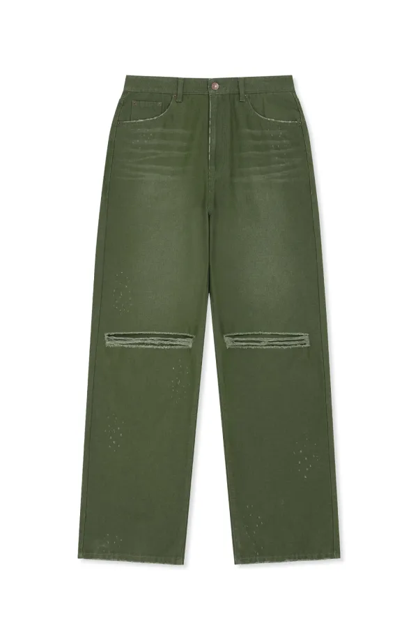 DISTRESSED DENIM PANTS FOR MEN IN KHAKI
