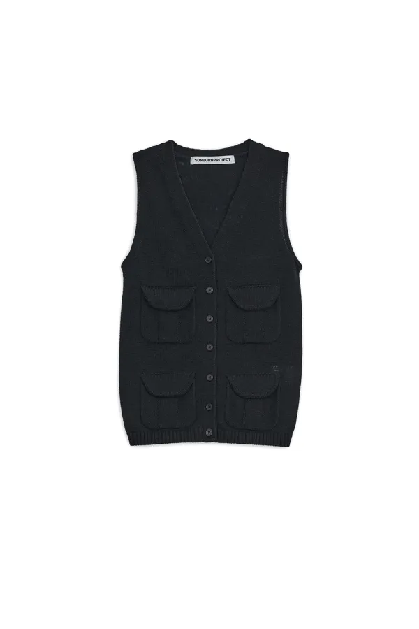 MULTI POCKET CROP KNIT VEST, BLACK