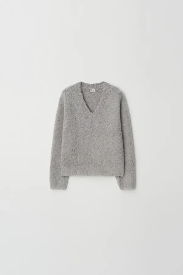 Wool Boucle V-Neck Knit (gray)
