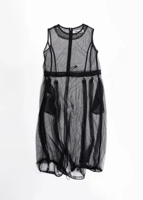 TULLE SHIRRING STOPPER DRESS - BLACK