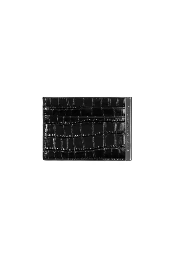 Slim Metal Bar Cowhide Leather Card Wallet [ Black ]