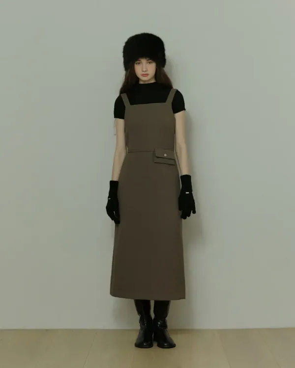 Belt layered point H line long dress - dustyolive