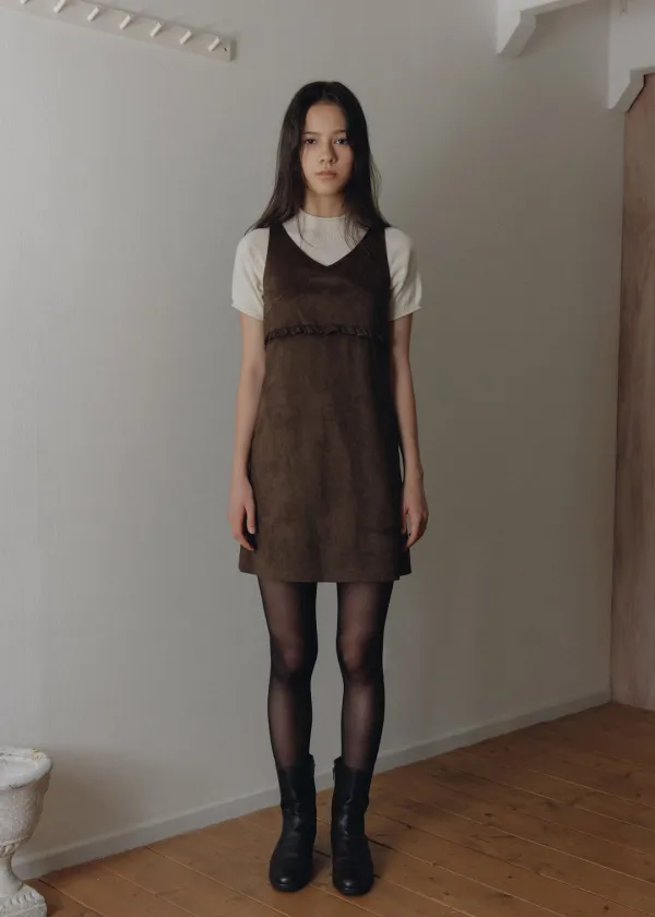 Veta suede frill dress (brown)
