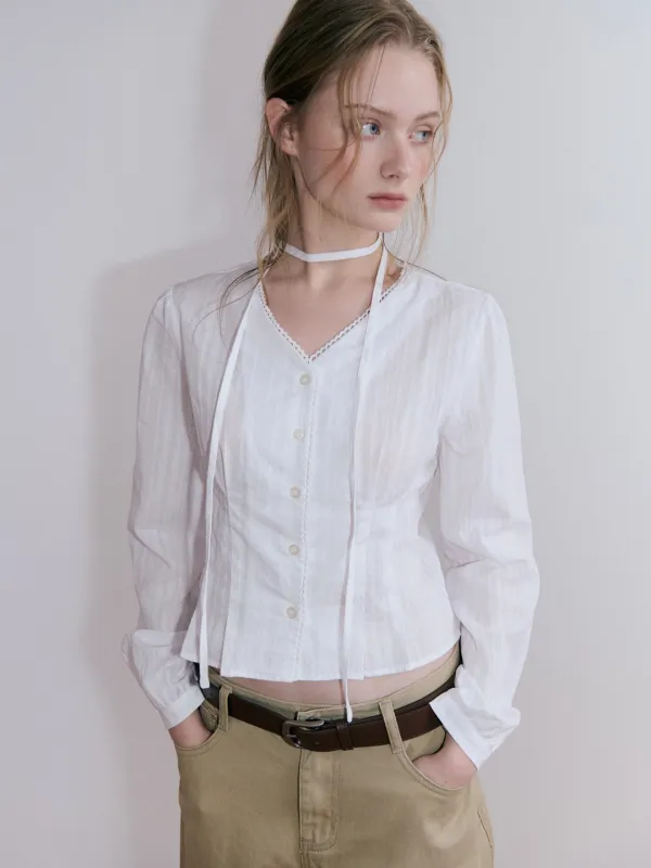 Lace Pintuck Strap Blouse, White