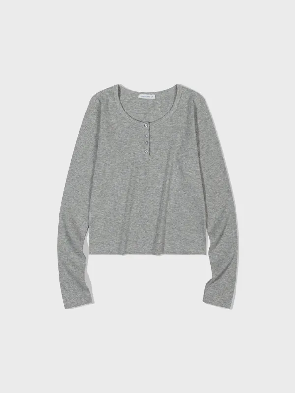 Henry Neck Long Sleeve T-Shirt_Melange Grey