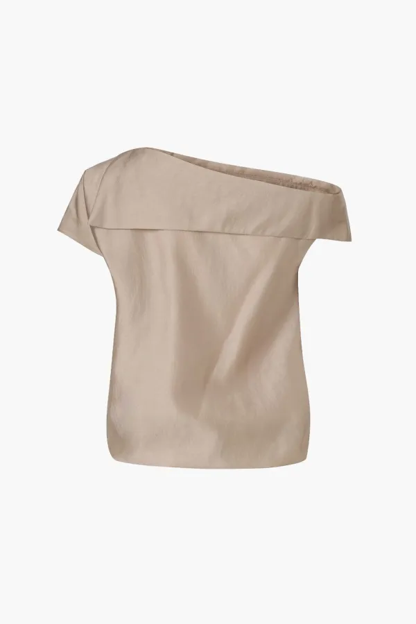One Shoulder Silky Tencel Blouse, Beige