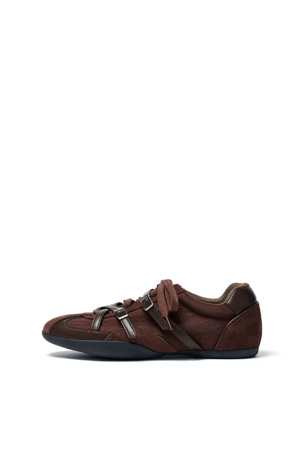 CROSS STRAP SUEDE BLOCK SNEAKERS IN BROWN