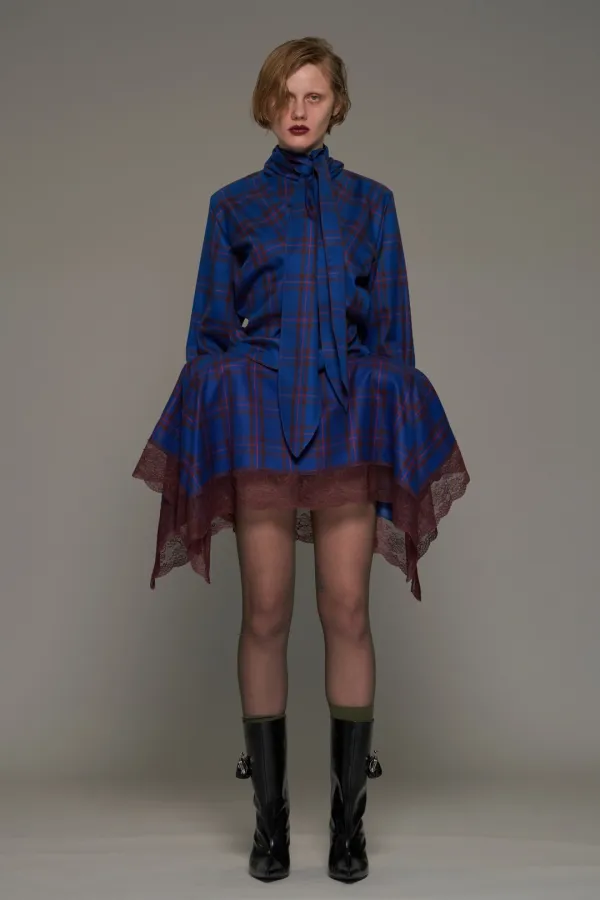 FW26 BLUE CHECK SCARF DRAPE BLOUSE