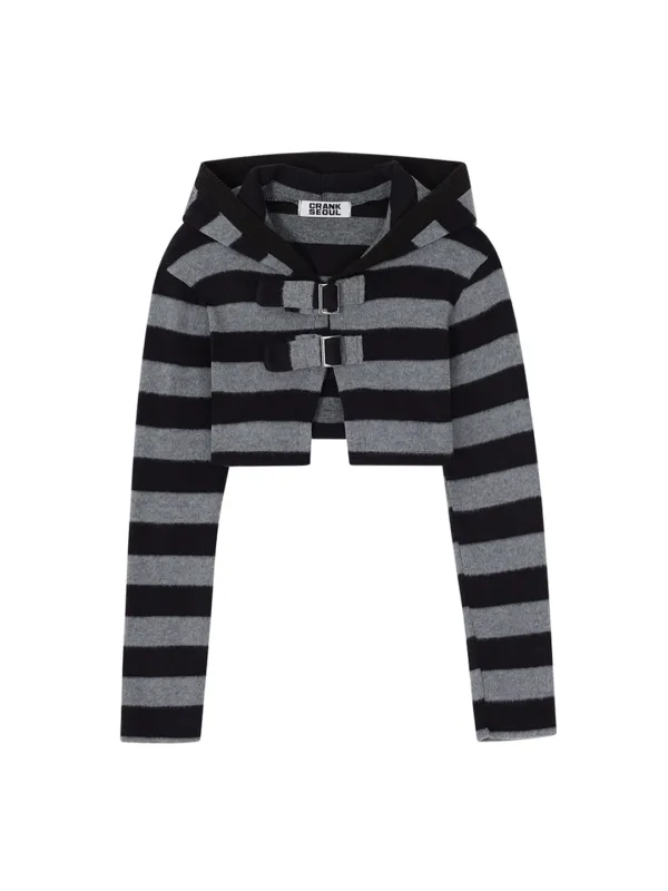 STRIPED BUCKLE HOODED BOLERO_BLACK