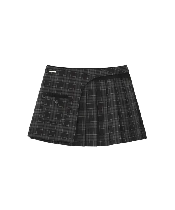 Pocket layered check skirt BLACK