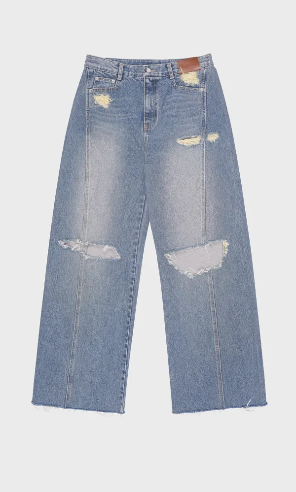 Damage Cut Denim Trouser_Light Blue