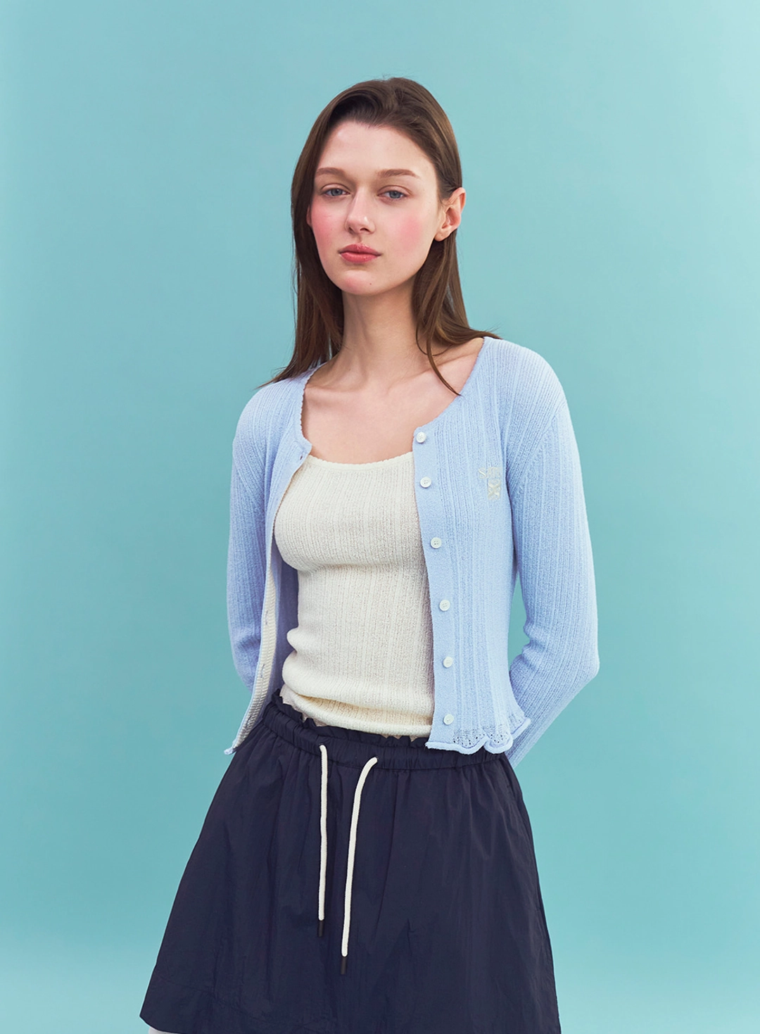 세터 (W) Sheer Long Sleeve Crop Cardigan - Sky Blue 상품 이미지 2
