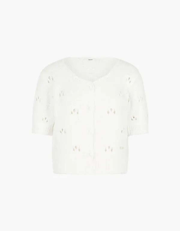 pearl pointelle short sleeve cardigan - white