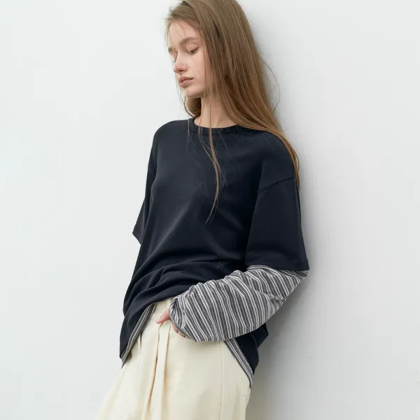 (T-7281)STRIPE LONG-SLEEVE LAYERD TEE