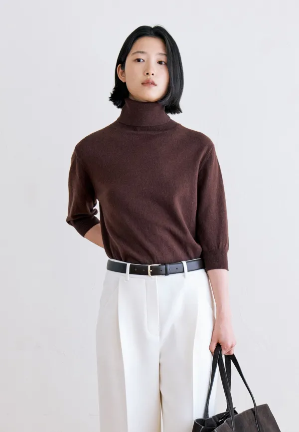 WOOL100 TURTLE NECK HALF KNIT - BROWN
