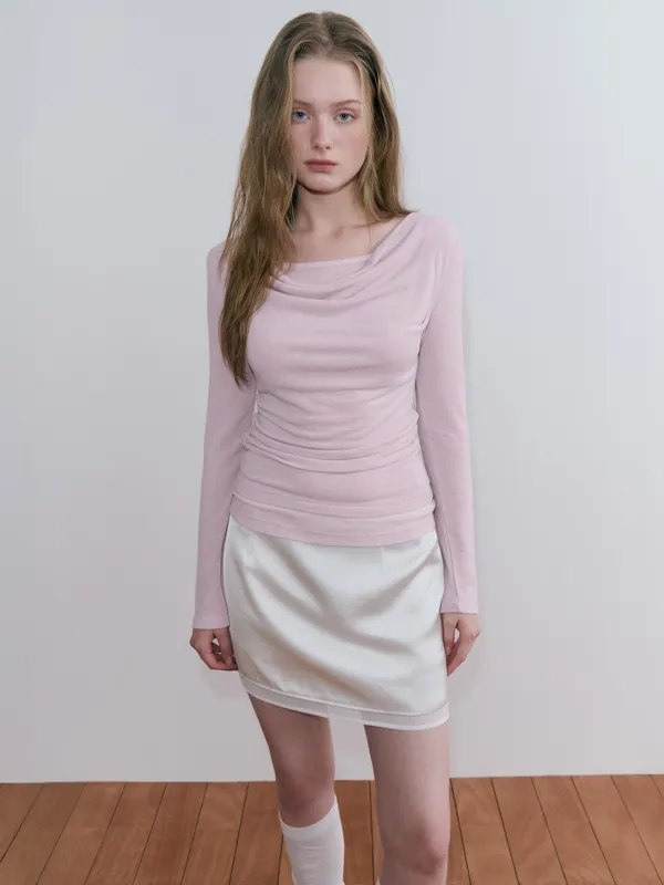 Cowl Layered Shirring T-Shirt, Pink