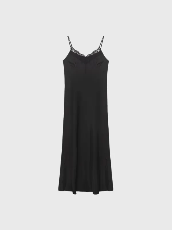 Lace Silky Long Dress (Black / Ivory)