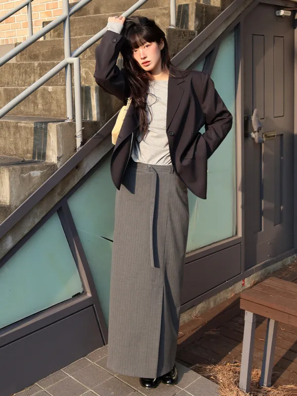 Stripe H-line maxi belted skirt [KNSS05SK01]_Charcoal