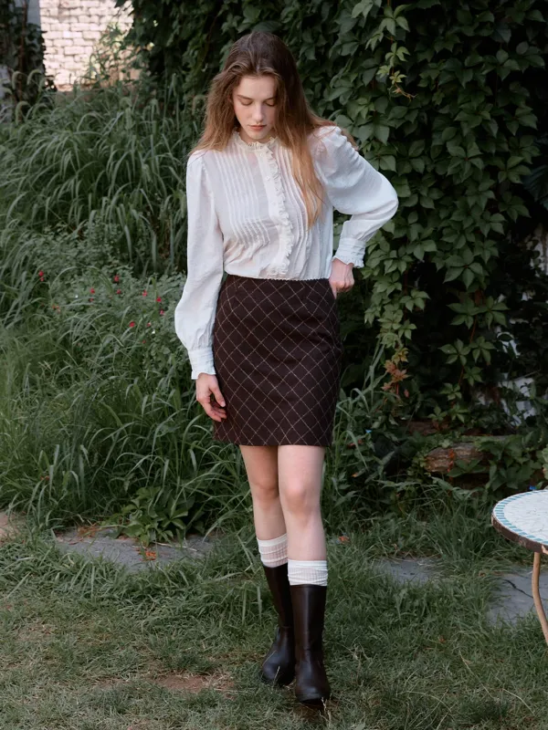 ROSA check lace mini skirt_brown