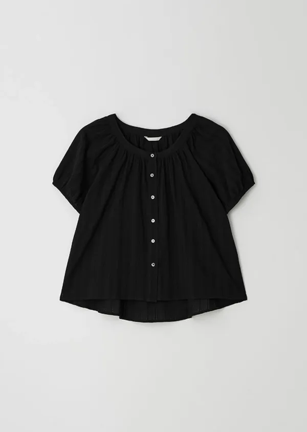 jacquard shirring blouse-black