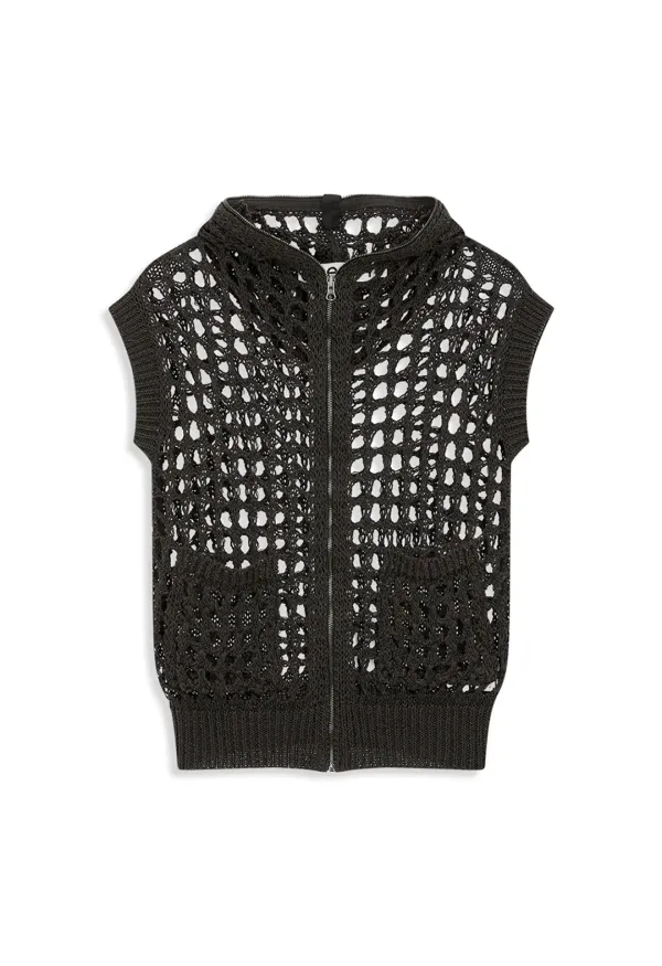HOODED CROCHET ZIP VEST, CHARCOAL