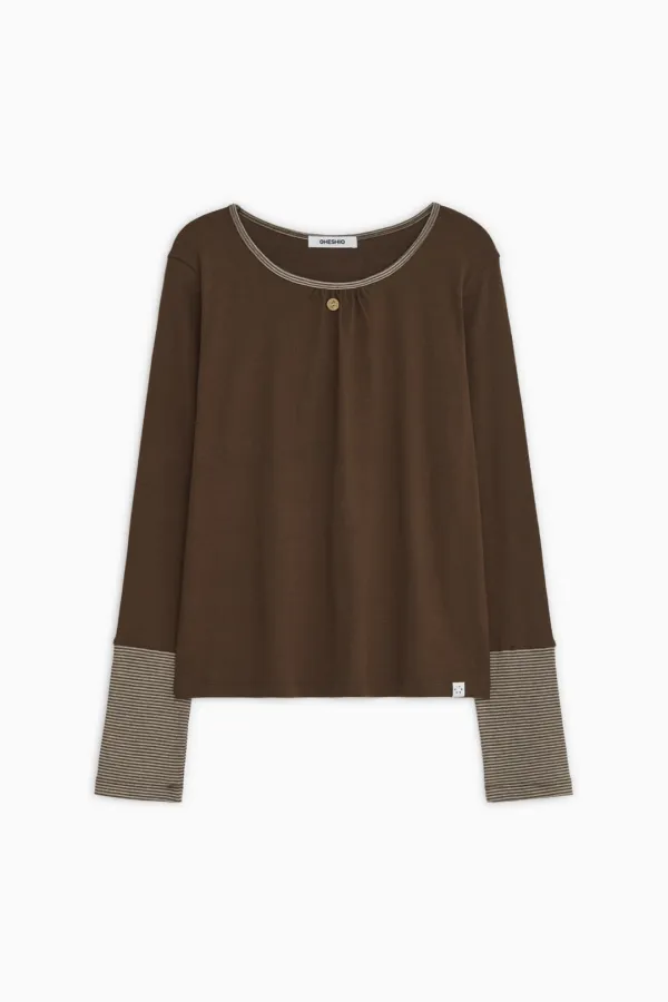 SHIRRING COLOR BLOCK LONG SLEEVE, BROWN - OHESHIO