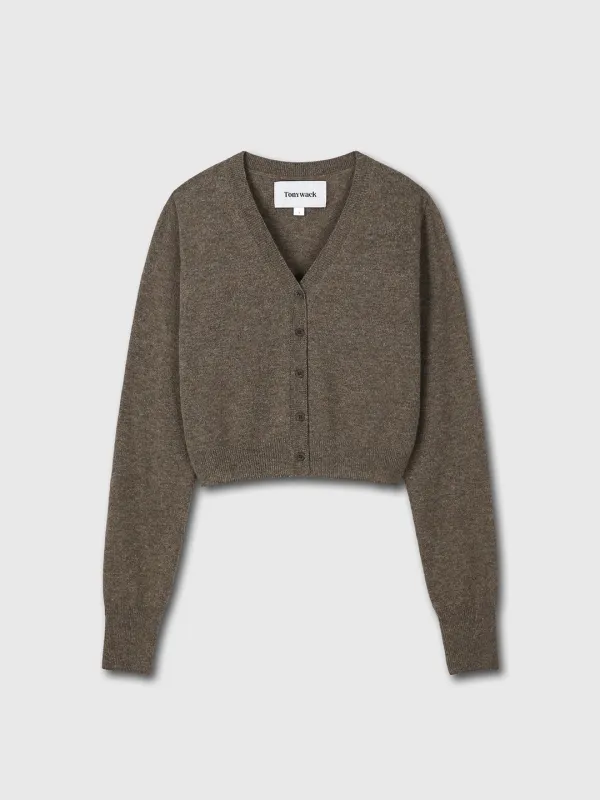 MERINO WOOL CROPPED CARDIGAN_ BROWN