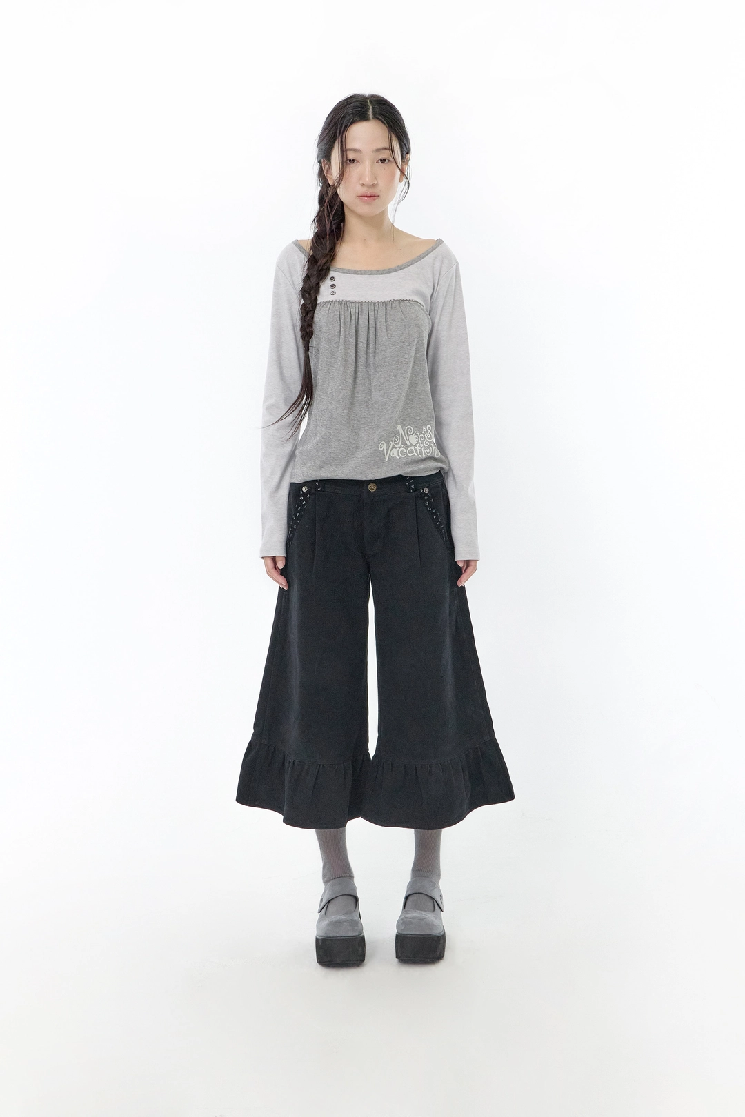 허그유어스킨 Washed ruffle capri pants (Black) 상품 이미지 2