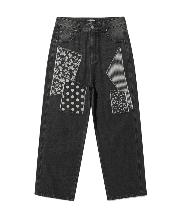 pattern patchwork wide denim pants[black]