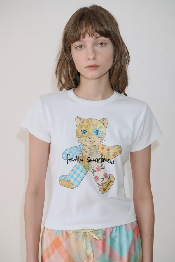 Patchwork Beads Cat T-Shirt (White)
