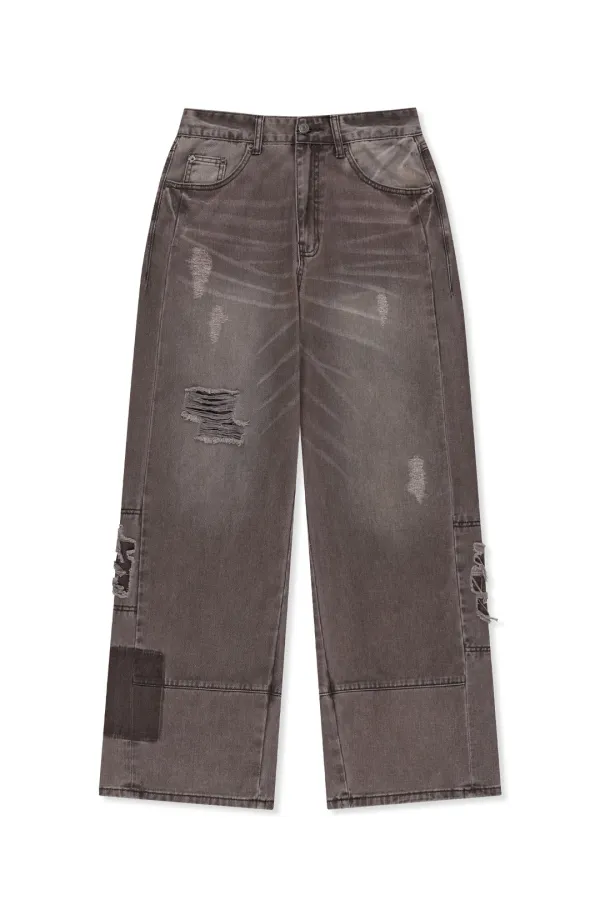 SHADOW DISTRESSED WIDE DENIM PANTS IN BROWN