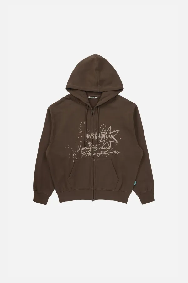 WASHED GRAPHIC ZIP UP HOODIE - BROWN